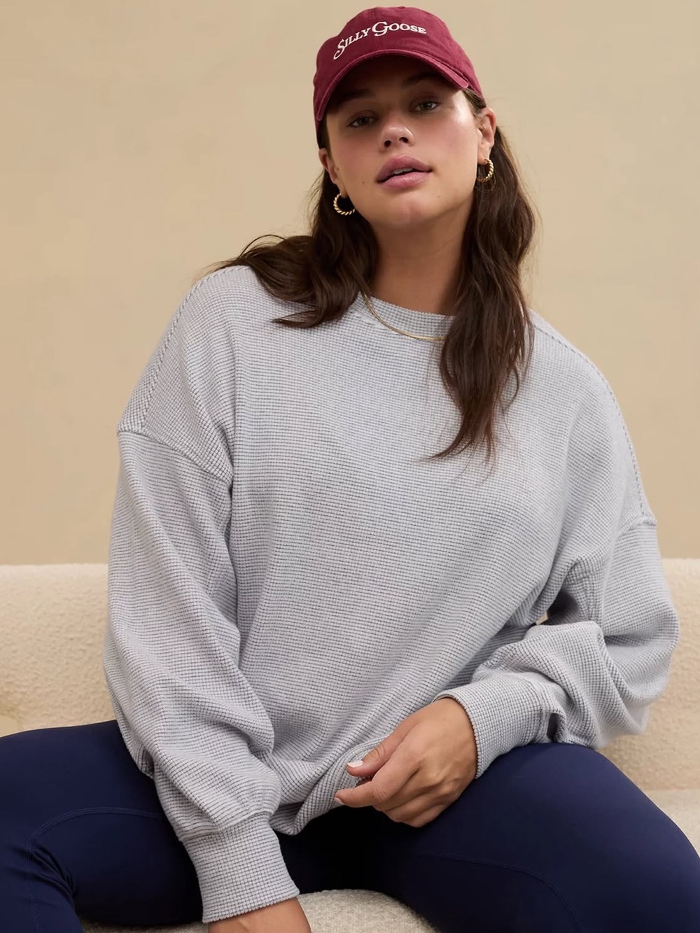 Women's Lightweight Waffle-Knit Pullover Sweatshirt - Light Gray